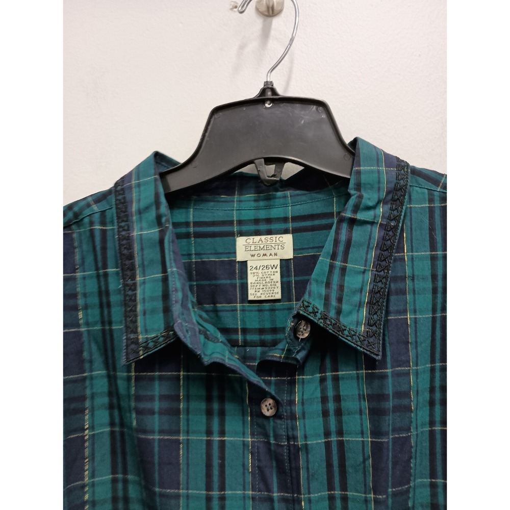 Vintage Classic Elements Womens Shirt Size 24/26 Green Plaid Embroidered Casual - Picture 2 of 9
